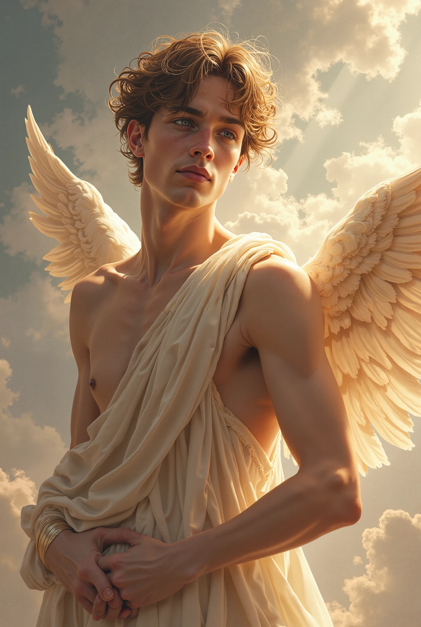 god of dreams, blond with white wings, naughty man, Youngh, mythology artwork