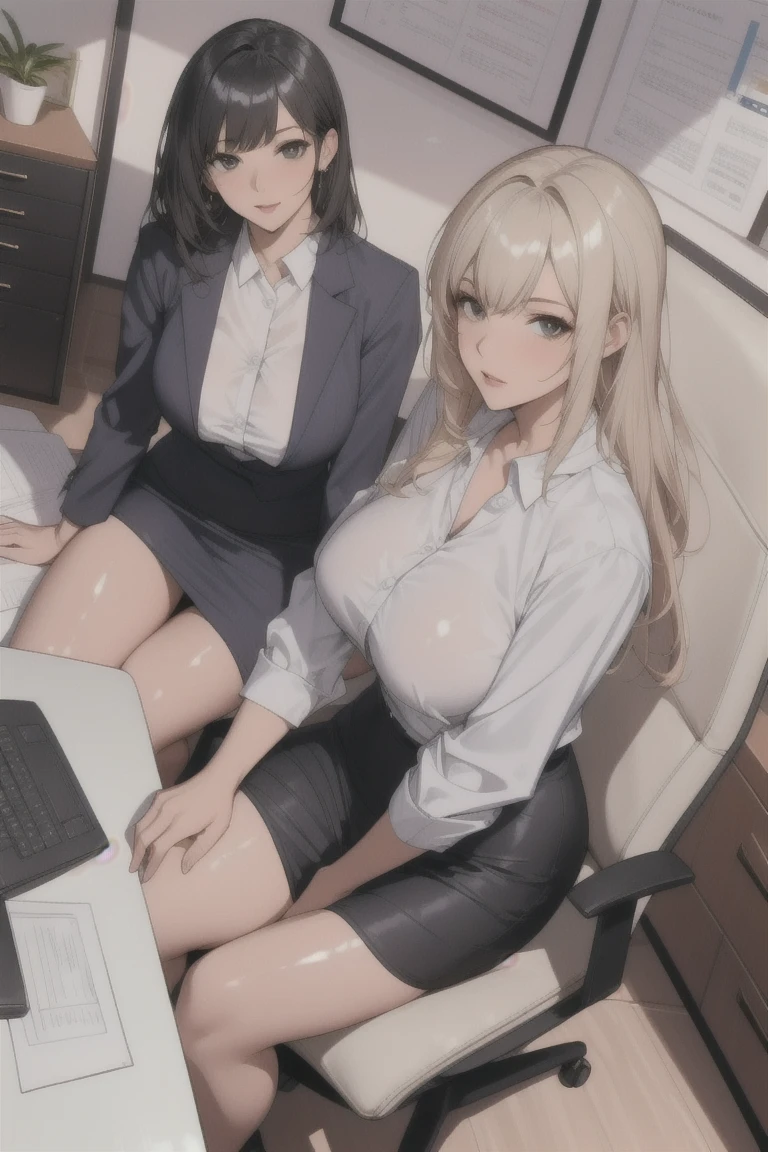 ((Best Quality, 8k, Masterpiecedetails, ultra-high resolution)), (group picture),(looking at the viewer), (full shot:), attractive business 5 milfs, 5 people, a bit chubby:0.25, seductive expression, white collared shirt, grey skirt, (sitting with cross legs on office desks)), smile, office of CEO