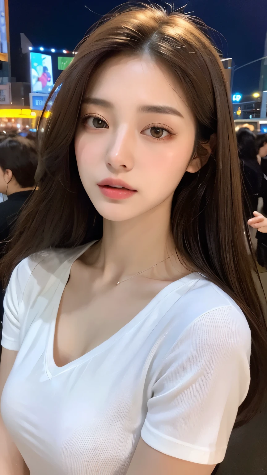 ((Best Quality, 8K, Masterpiece: 1.3)), Sharp Focus: 1.2, A Beautiful Woman with Perfect Figure: 1.4, Slim Abs: 1.2, (Layered Hairstyle, : 1.2)), (White Button Shirt: 1.1), (Protruding Nipples Visible: 1.3), City Streets: 1.2, Highly Detailed Facial and Skin Texture, Detailed Eyes, Double Eyelids