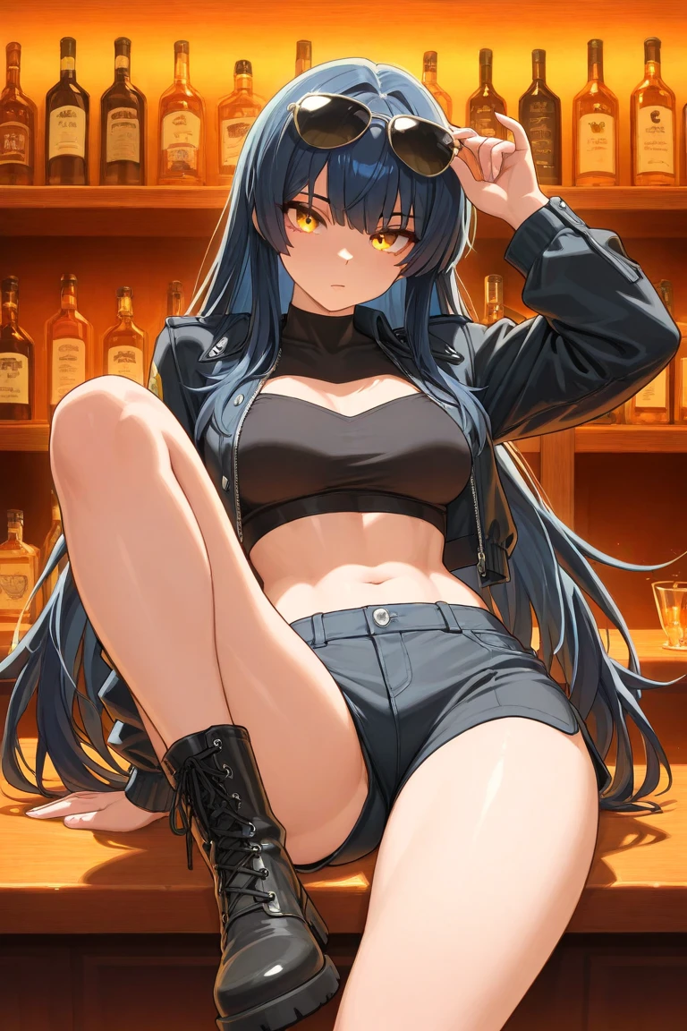 /(Modern office indoors/), (masterpiece, best quality:1.4), 1girl, solo, petite, (an extremely beautiful and delicate), green eyes, fox ears, (black fox tail:1.2),long black hair, medium hair, hair between eyes, ponytail, medium breasts, business suit,open shirt, black skirt, kneehigh socks, loafers, indoors, office, cleavage, closed_mouth, large_breasts, long_hair, looking_at_viewer, navel, signature, solo, posing,thighs, tall female, on back, narrow waist, naughty face, flustered, surprised,(masterpiece, best quality:1.4),high quality, highly detailed,detailed,perfect,sitting, on chair,