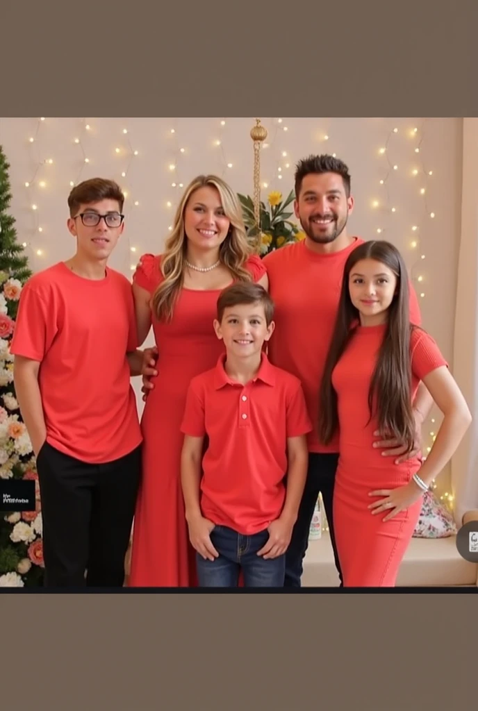 There are many people who are sitting together in front of a Christmas tree, mulher de cabelo castanho longo com luzes vestindo blusa branca, with a curly-haired 5-year-old boy sitting on her lap wearing a red blouse, homem sentado ao lado cabelo curto, barba serrada, with 2 year old boy child sitting on his lap wearing red blouse, Sitting on the floor 10 year old boy brown hair wearing red blouse, Directed by: Nandor Soldier, Malika Favre, Happy family, São Paulo, by Almada Negreiros, sao paulo, Directed by: Felipe Seade, family portrait, Directed by: Alexander Fedosav, imagem de perfil, by Almeida Júnior, fami