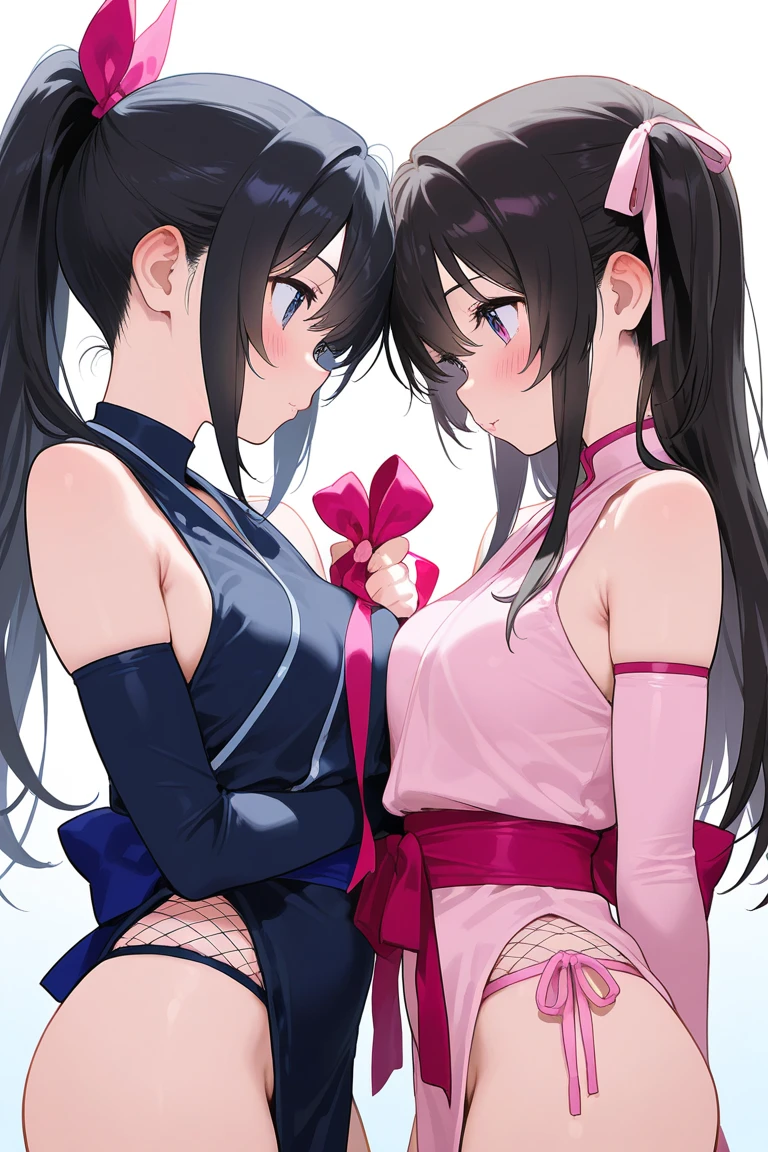 master-piece, hyper quality, hyper detailed, perfect drawing, high-resolution, two Japan idols, ((black hair ponytails tied with red ribbon)), yukata, kimono, lovers, staring at each other from the front, (kiss)), (French kiss))), hugging each other's breasts as if pressing, staring at each other, moist eyes, half-open lips, beauty, blush (0.2), sensual, seduction, ecstasy, indulgence, bust up, forward light, , shot from the front diagonally below, precise drawing, precise human body structure, locker room, beautiful background