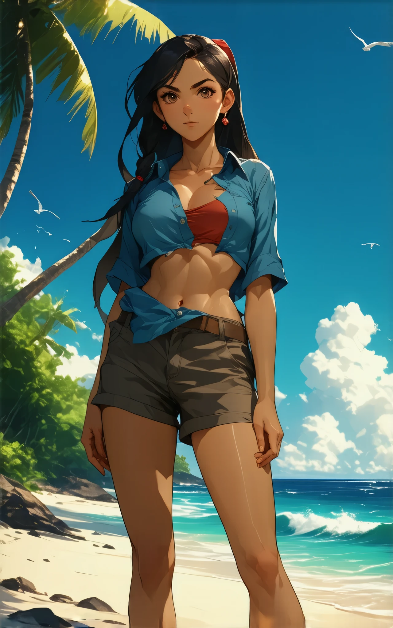 1girl,gyaru,bishoujo,Southeast Asia,teen,brown_skin,tan,skinny,thin,inverted triangle face,oval face,black hair,straight_hair,medium hair,brown eyes,just shoulders,collarbonea,big Breasts，underboob，Cleavage，big breasts,cleavage,narrow_waist,Slender_waist,midriff,belly,navel,strapless_比基尼,比基尼_top_only,Side_slit,micro_shorts,shorts,hot_pants,denim_shorts,open_fly,torn_pants,torn_shorts,torn_jeans,just_Legs,sneakers,smile,huge filesize,In summer,day,shanty town/slum,Under_bridge,city,crowd,tropical zone,panorama,Wide_shot,full_shot,midriff_peek,pussy_peek,looking_at_viewer,messy hair，No underwear