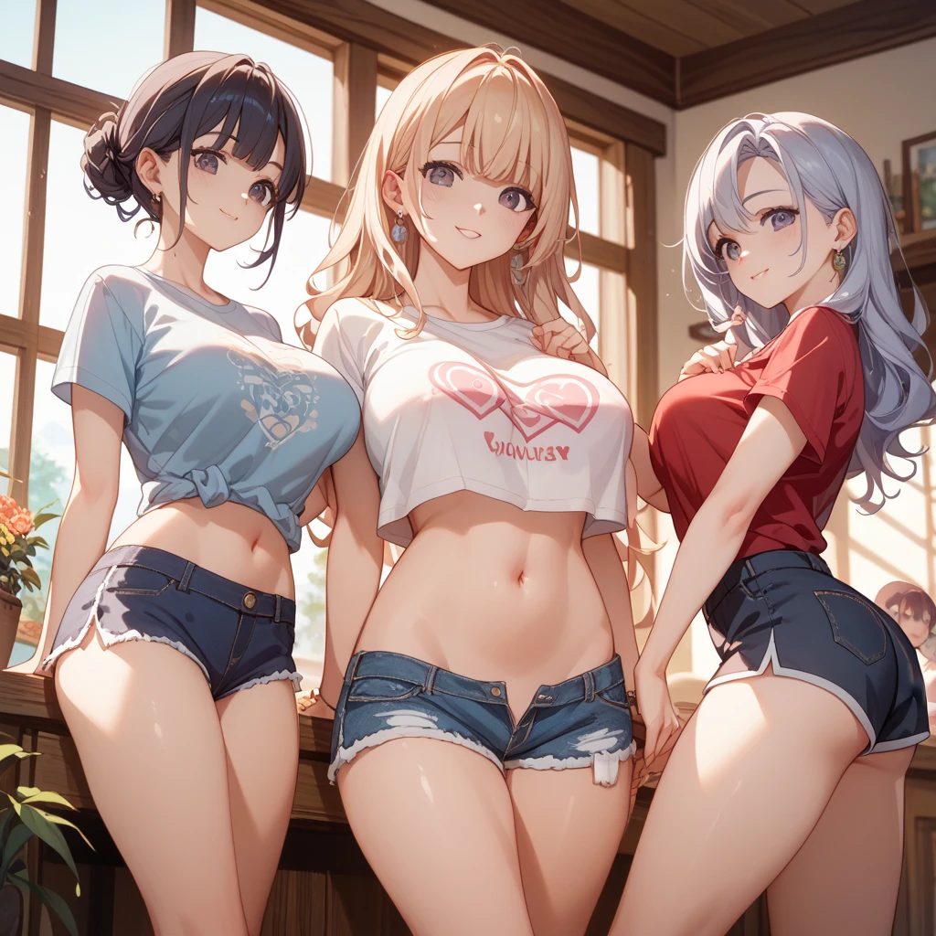 ((highest quality)), ((masterpiece)), ((3 woman:1.5)), cute woman are posing for a camera, (indoors, cute design room, cushion, cuddly toy, books,), ((upper body)), (Lifting SHIRT:1.3), (open your mouth and laugh:1.3), ray tracing, ((tits)), nipples, breasts, hair band, headband, hair bobbles, blouse, shirt, (line up in a row), 12 talents、、14 years oldd, silver hair, blond hair, (navel), jewelry, looking at viewer, necklace, long hair, short hair, (abs),(Depth of the bounds written), (My skirt is completely blown up by the strong wind.:1.2),