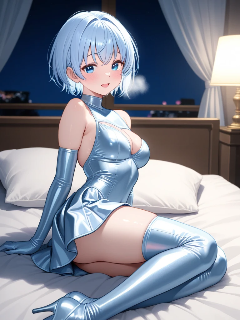 (extremely detailed CG unity 4k wallpaper),(masterpiece),(best quality),(ultra-detailed),(best illustration),(best shadow),(absurdres),(detailed background) Killer frost, Snow, sexy, resting on bed, fancy bedroom, aroused face, Nude, Pink nipples, blue fishnet stockings, blue high heels, submissive, blushing,
