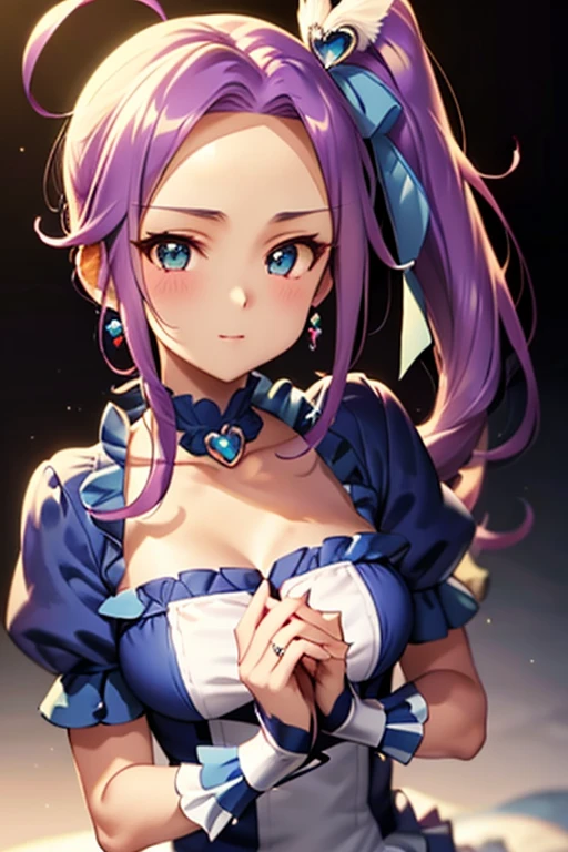 A gelatin GIRL bear Num with a closing eye, winking eye, pale blushed cheeks and a wide opened mouth. She is covered with glitter and her body is blue. She wears a purple bow on her head. SPARKLE; GLITTER
