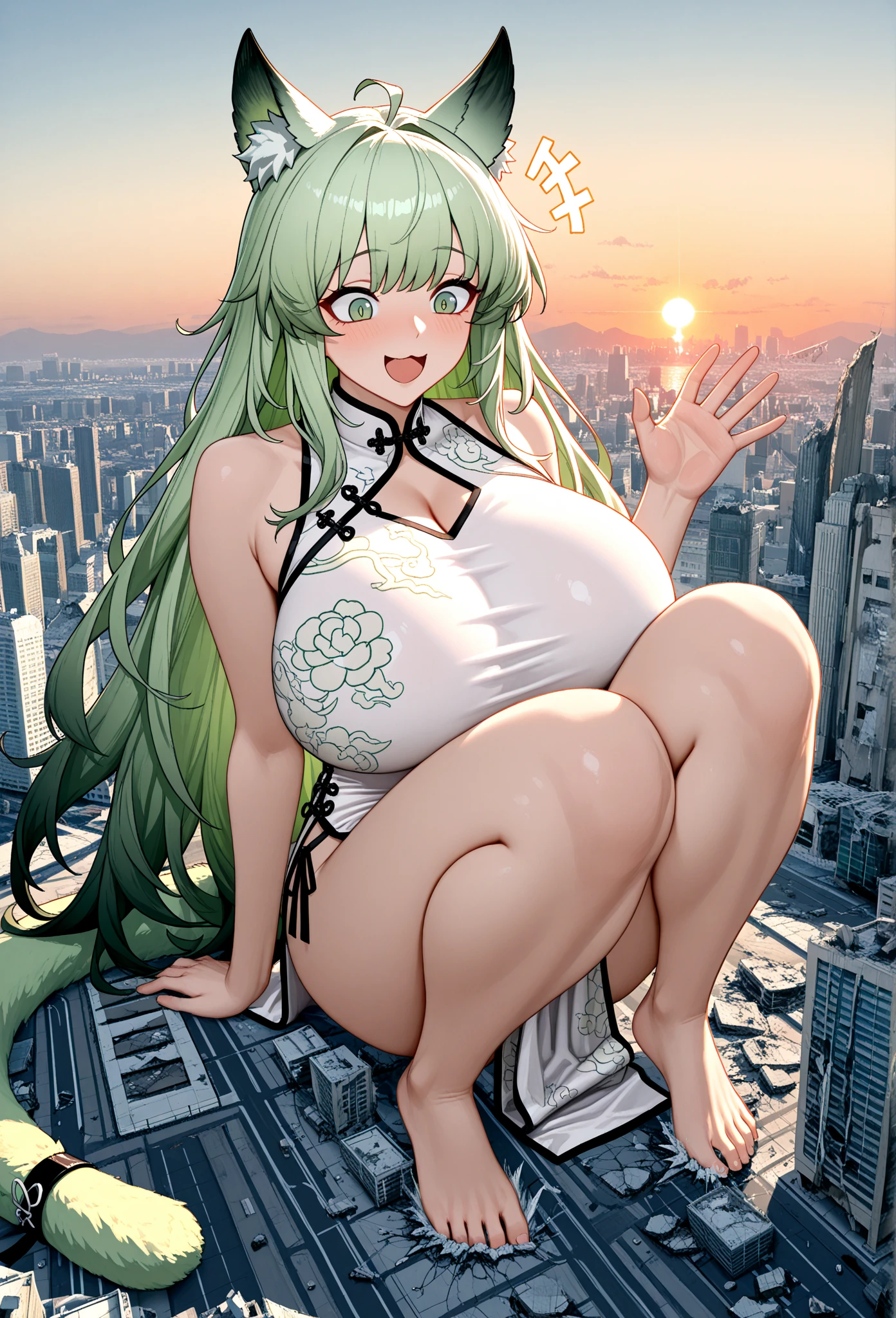 Perfect detail, Special details, highest quality,,expensive, woman,A satisfied smile .round face、View Viewer, Green Hair, Long Hair, , , Side bang, Partially exposed forehead, Dark blue eyes, Mature Body, Perfect body, Large Breasts,Big Ass.Sweaty body,Breast milk overflowing from the nipples,Pussy,share、body fluid、Sticky、Open your mouth、 blush, Cleavage.Golden lace lingerie,Gold Jewelry,Gold Bracelet,Gold Collar、 Luxurious crown,, necklace, Pursing your lips, A light smile, Drunk, expensiveディテール, Depth of written boundary, 1080p, 16k, Awards, High resolution, highest quality, masterpiece, 超High resolution, Anatomically correct, Super detailed,,Huge breasts、Realistic、Perfect bodyライン、aerial photograph、aerial photograph、Destroying the city with a smile、 (A giant girl bigger than a skyscraper destroys the city of Shibuya:1.5)、cute、body fluid,Sticky、Eroticism,share Breast milk overflowing from the nipples Big breasts overflowing from the bra Lying on the ground Occupy a major city