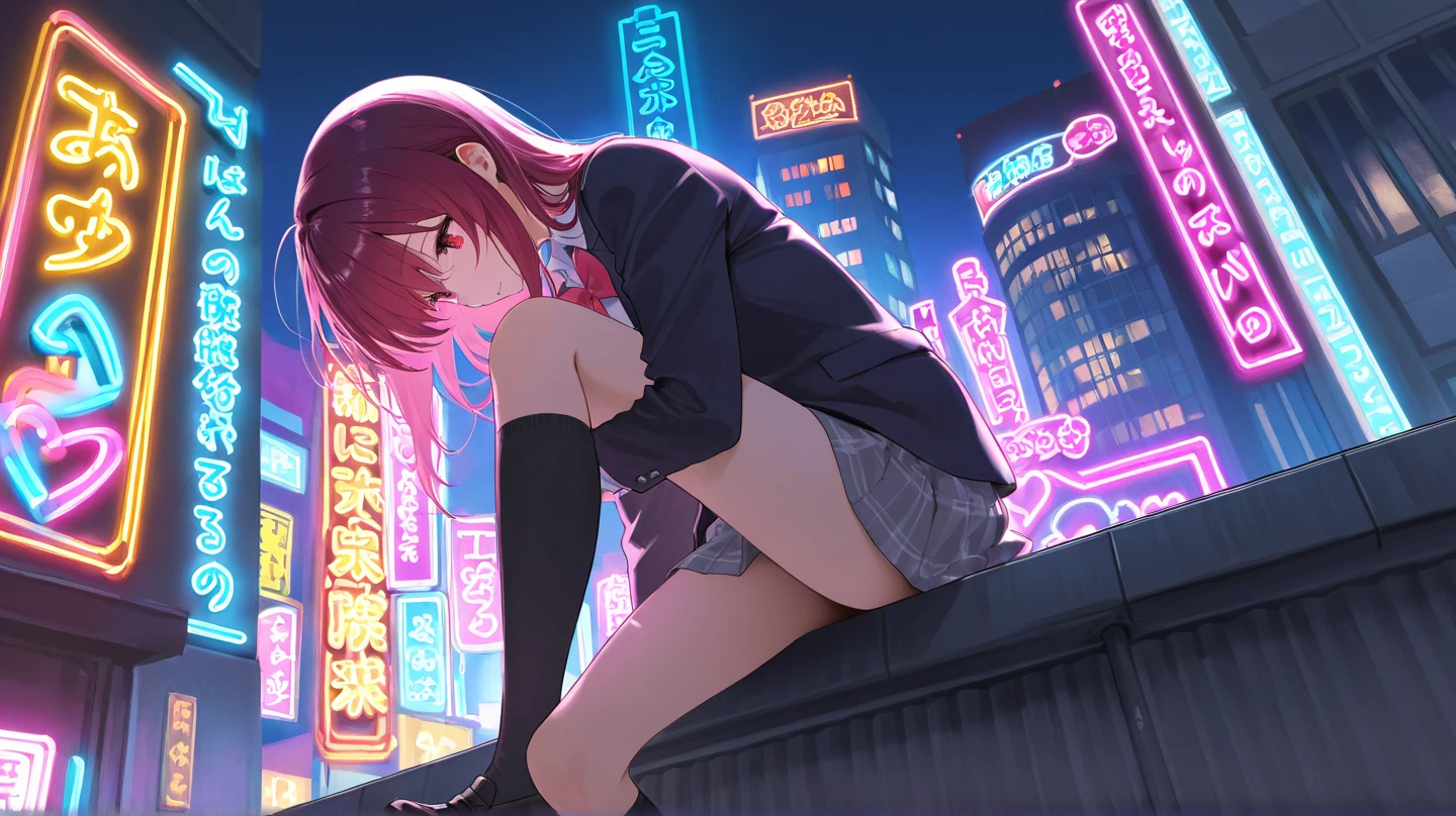 (Masterpiece, top quality, high resolution, realistic photo, realistic looking skin:1.1),
(The woman is hiding in the shadows in a business district at night:1.5),
(She looks like a mentally troubled person:1.5),
(She is wearing a high  blazer and a mini-skirt: 1.8),
(She wears baggy socks: 1.8),
(She is wearing black loafers: 1.8),
(Her skirt is so short you can almost see her panties: 1.5),
(She has medium brown hair: 1.5),
(Location: business district at night: 1.5),
1 Japanese girl, solo, full bodied esbian, beautiful eyes, glowing eyes, glowing thighs, NSFW