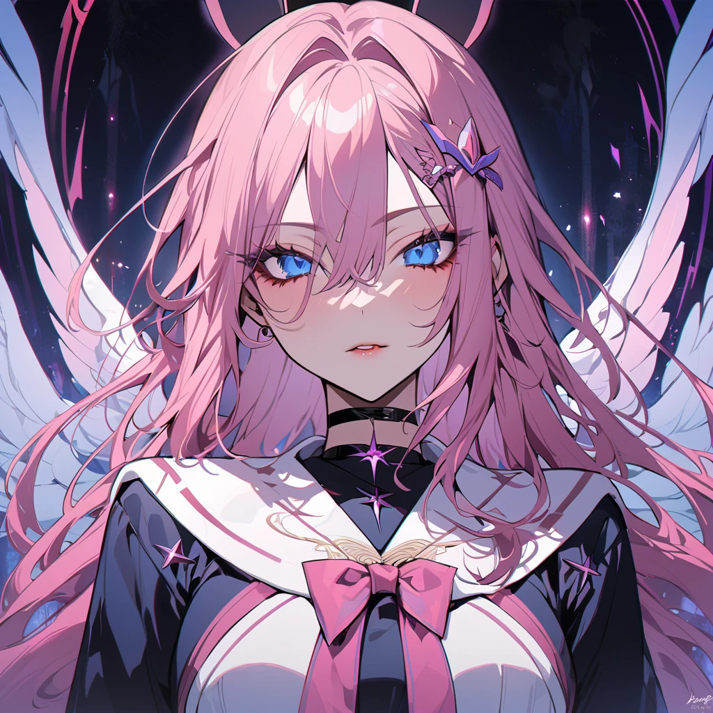 (masterpiece, best quality:1.9), (ultra-detailed:1.3), official art, (zentangle, mandala, tangle, entangle:0.6), 1girl, solo, (pink hair, messy hair, long hair), (angel wings, angel halo), large breasts, (emo punk synthwave:1), yellow eyes, (white shirt, black necktie, green striped coat, open coat), cowboy shot, cinematic lighting, (((glowing light particles))), (arms behind back), dynamic angle,