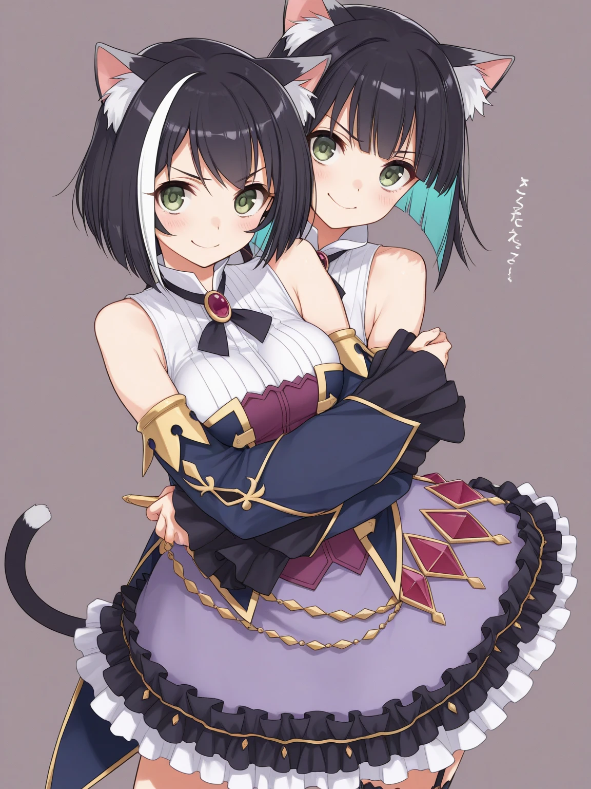 (((one girl))),(((chen))),(touhou), brown eyes, nekomata, short hair, medium hair, brown hair, cat ears, animal ear fluff, cat tail, two tails, green headwear, mob cap, red vest, white shirt, long sleeves, yellow bowtie, red skirt, skirt set, animal ear piercing,(((full body))),(((model posing))),(((white background))),(((Diagonal angle)))