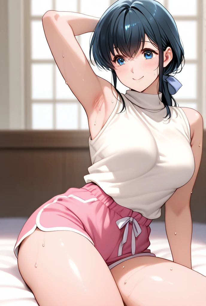 testicles,one-piece swimsuit,1girl,nsfw smile,black hair,brown eyes,in bedroom,twin tail,flat breast,masterpiece,sweat,heavy breathing,masterpiece,
