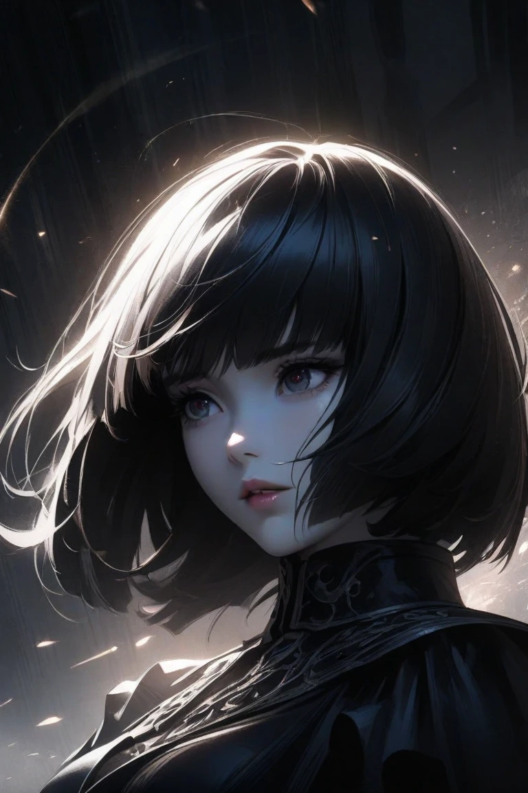 (highest resolution, distinct_image) Best quality, a woman, masterpiece, highly detailed, semi realistic, black short hair, black hair, bangs, 18 years old, mature, black tight fitting, black flight suit, space background, cold, serious, authoritative, powerful, refined facial features, exquisite facial features