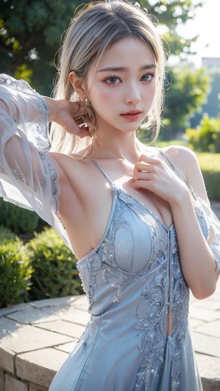 blue lace thong&Good, (((Very elegant and beautiful, Perfect detail, Super detailed))), whole body, The most detailed girl, Depth of written boundary, 美しく詳細なwhole body, Thin legs, 1 girl, 30 years old, Very short hair, Spiked Hair, Gray and silver hair, Beautiful detailed hair, Perfect Face, Expressionless, Beautifully detailed deep eyes, Open your mouth a little, Delicate arms and hands, Pale skin, Earrings, Beautiful and gorgeous necklace, Colorful background, HD background, Blurred Background, Very delicate and beautiful, Masterpiece, (((Highest quality, Very beautiful 8K CG wallpaper))), (((Trendy hairstyles))), (Inside the room,Stylish interior,window),