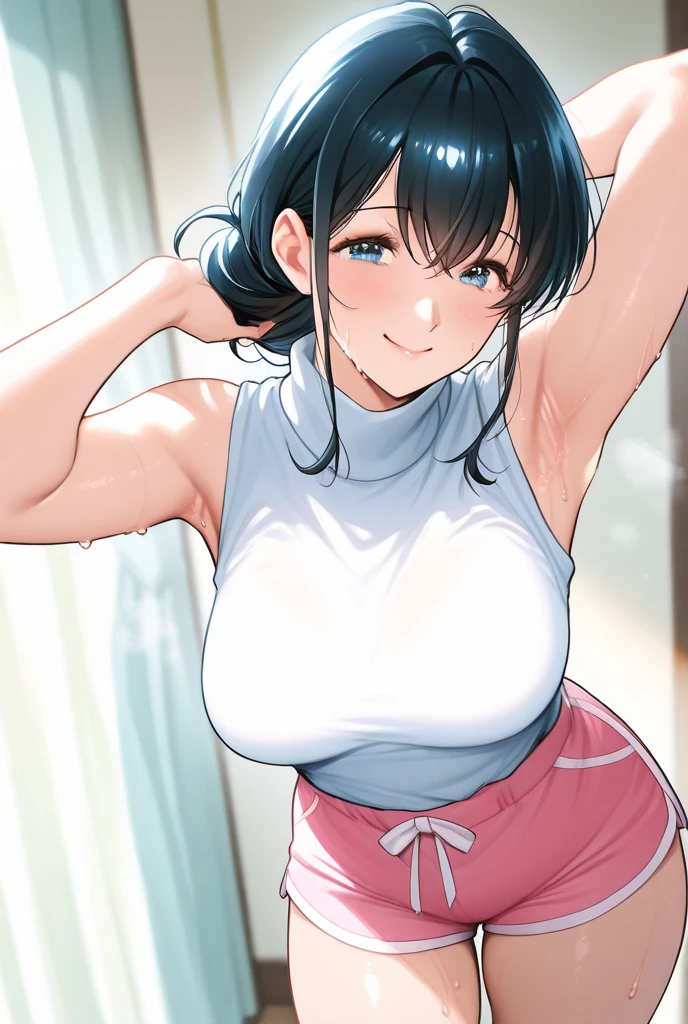 masterpiece, best quality, shimizu kiyoko, looking at viewer, very large breasts, upper body, portrait, looking at viewer, seductive smile,put your hands behind your head, armpits, armpits visible, sweaty armpits, wearing white tanktop,