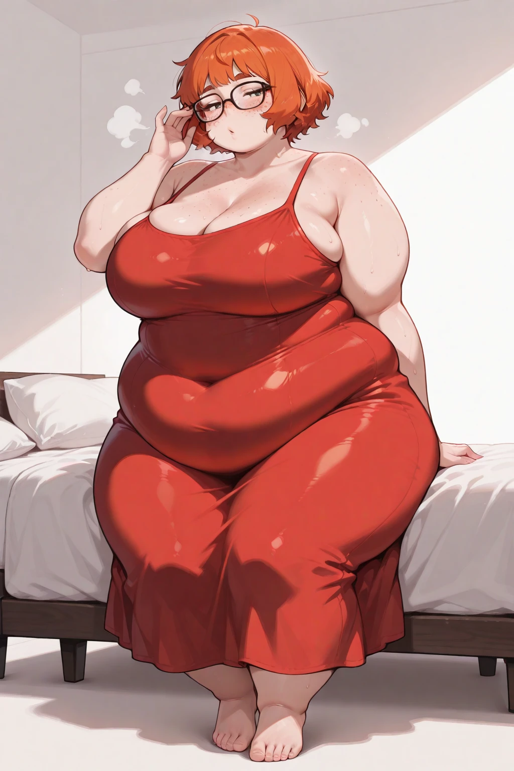 make redhaired ssbbw fat tired girl at home in too tight clothes she's holding a smartphone