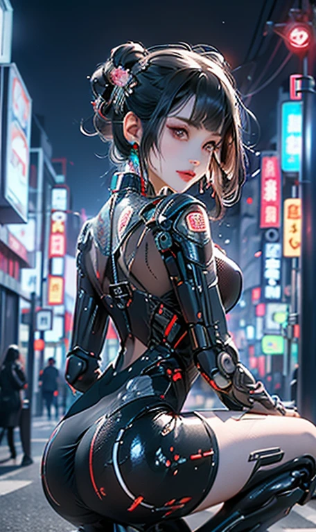1 girl, Chinese_clothing, metallic black titanium and pink, Cyberhan, cheongsam, Cyberpunk city, Dynamic poses, Detailed glowing headphones, Glowing Hair Accessories, Long hair, Luminous Earrings, Glowing necklace, Cyberpunk, High-tech city, full of mechanical and Futuristic elements, Futuristic, technology, Glowing neon lights, pink, pink light, Sexy short skirt, Translucent black cape, laser light, Digital background city sky, Big Moon, with vehicles, best quality, masterpiece, 8K, Character edge light, Ultra-high detail, high quality, The most beautiful woman in the world, Smile, Face front,bilateral symmetry, earring, Long Antenna Glow, Beautiful student, Lighting Effects, Visual Data, Silver red orange hair dye, Ultra-fine facial texture, Happy, Weapon Systems, Crowded street with pedestrians, Mecha style, Elevated luminous antenna, back, Sitting girl