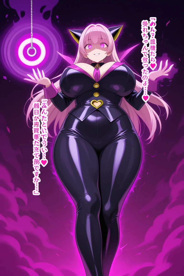 Long blond hair, Long black rubber horns (with purple shines) on head, Full body naked exposed, Nipples exposed, Vagina exposed, Long Black rubber cape (with purple shine) behind back, Sinister smiling Face, Pink glowing eyes, Long Black rubber Gloves (with purple shine), Long black rubber boots (with purple shine)