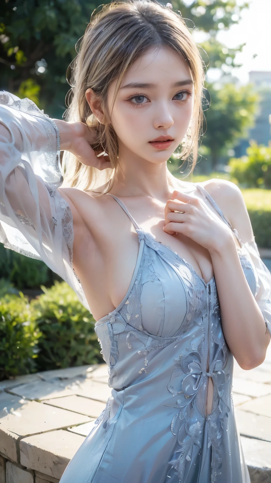 (((blurred background、Watercolor style background)))、one girl、yo talent、anatomy、pale pink eyes、Loosely braided low ponytail、light pink hair、small breasts、black dress open neck dress、sheer lace dress、See-through feeling、random pose、highest quality、High resolution、High resolution、cinematic lighting、professional photographer、Korean,Korean superstar beauty,Famous Korean dancer and singer,Beautiful nipples,Are thin,Sharp facial features,Beautiful nipples,Realistic Photo,Surreal,Photorealistic photography,