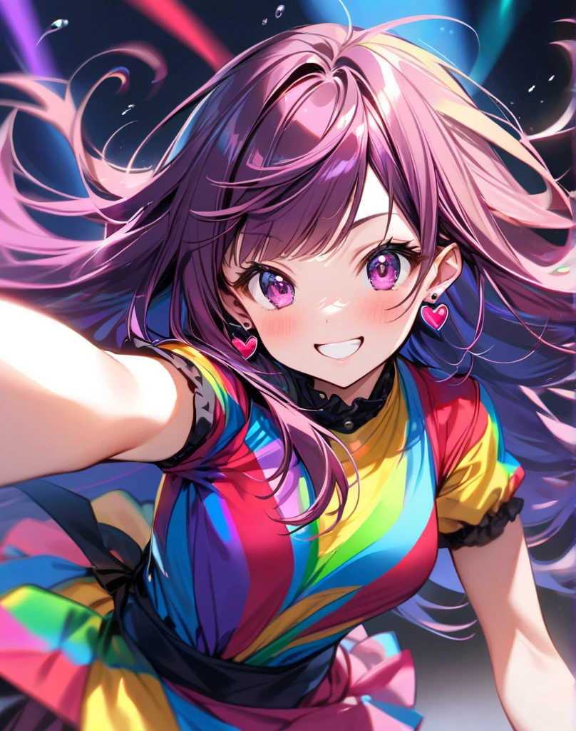 ((worst quality, low-quality)), masutepiece,Best Quality,ultra-detailliert,​masterpiece, (Background of clear blue sky with rainbow), ((a closeup)), (gals:1.2), ((big breasts)), (((Looking back))), (cute Pose:1.2),(Uniform: 1.2), (Wear a rainbow-colored oversized zip hoodie on top: 1.4), (White collared shirt that fits the body: 1.3), (Red Plaid Pleated Skirt:1.3), ((Dark brown bread shop fur):1.2), plump shiny lips, Beautiful clear eyes, (The best smile), Spoken Heart, ((Necklace,Colorful bracelets,X Hair Ornament):1.2), (Rainbow-colored frame under-rim glasses:1.4), ((glow rainbow)), (rainbow particles, rainbow sparkles, rainbow rays:1.4),