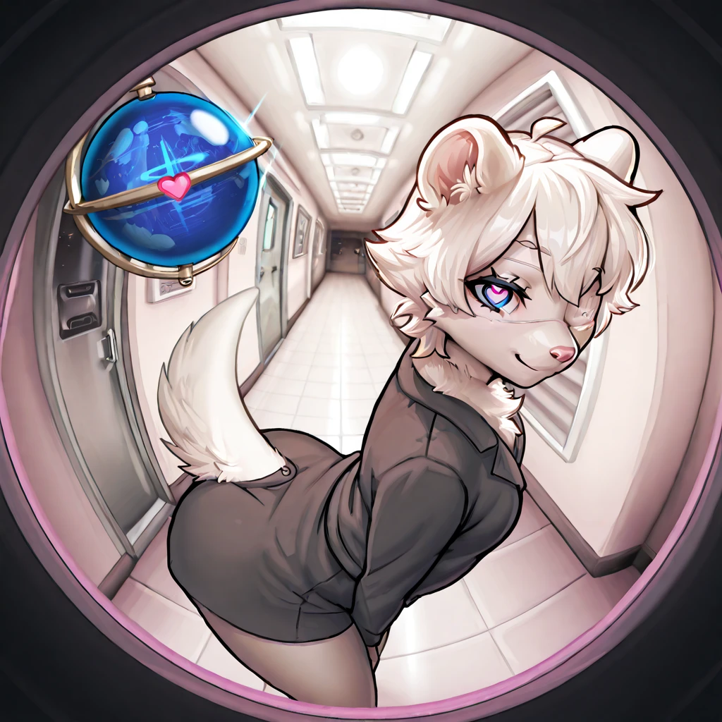 masterpiece, best quality, incredible quality, very aesthetic, high resolution, overdetailed, absurdity, newest, landscape, sem lineart, cinematic, Dynamic angle, alone, diffuse lighting, 1 girl, , Forry, For, fluffy For, white muskrat, white otter, pink nose, light blue eyes, 19 year old, (apartment hallway), monitoring , (focus on the right eye):1.2, Eye patch, (psychedelic):1.2, heart shaped pupils, Smile, fisheye lens, pov peephole, medical Eye patch, eye globe, from the side, Looking at the viewer, , he finished, White fur otter tail