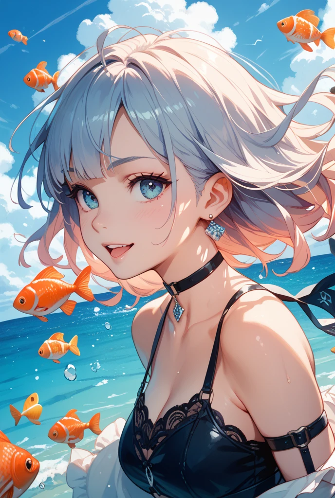 (highest quality:1.2, Very detailed, up to date, Vibrant, Ultra-high resolution, High Contrast, masterpiece:1.2, highest quality, Best aesthetics), Portraiture、girl、singer, solo, ((25-years-old:1)), (skin diving ,marine diving,underwater,in the aquarium,(swimming with dolphine and tropical fish)), swimming gracefully, Bright colors, Beautiful fine details、Beautiful lip detail、midium wave hair、red and white ((streaked hair:1.6)), highlights hair: 1.5, red eyes, slim body, meddium breast, (tan skin:1.1), ((micro bikini)), (Floral Fineline tattoo design on left arm:1), put one hand on the waist, aqua babbles, (cowboy shot:1),