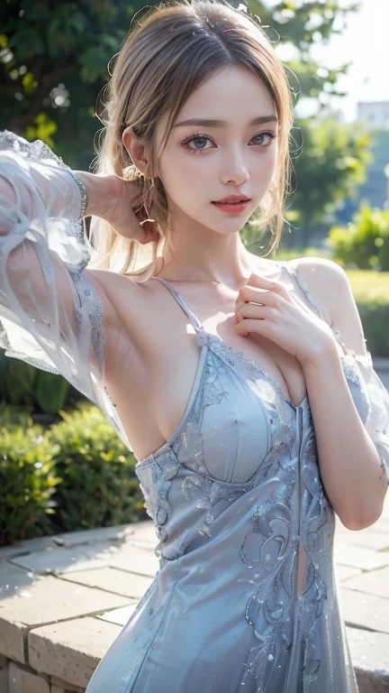 SAUNA,sitting,spread legs,(fellatio gesture),(floating in water),(soaked),(clothed:1.5),baggy t-shirt,(see through),lace swimsuit,(random porn pose),silver hair,(Thin type:1.5),(large breasts),(random hairstyle:1.2),(Highest image quality, (8K), Ultra-realistic, Best Quality, High quality, High Definition, high quality texture, high detailing, Beautiful detailed, fine detailed, extremely details CG, Detailed texture, realistic representation of face, masterpiece, presence)