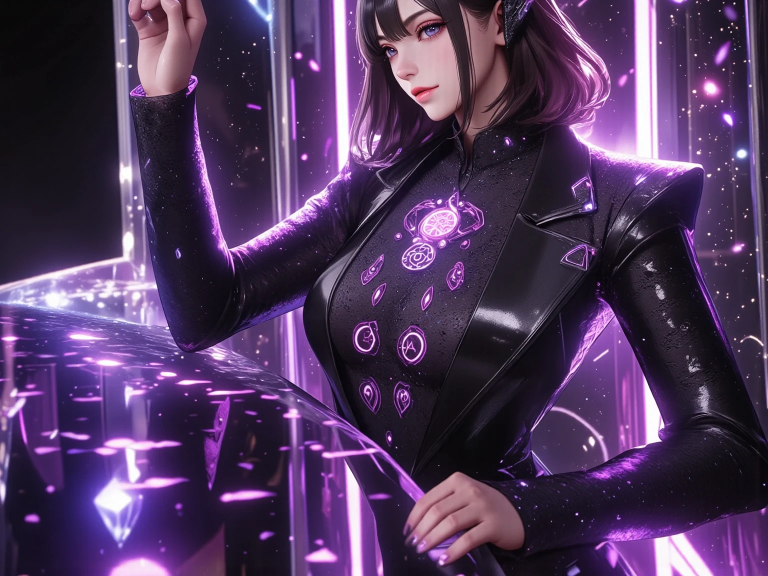 matrix coding, Purple animated cyberpunk background. sexy woman with gun and sunglasses