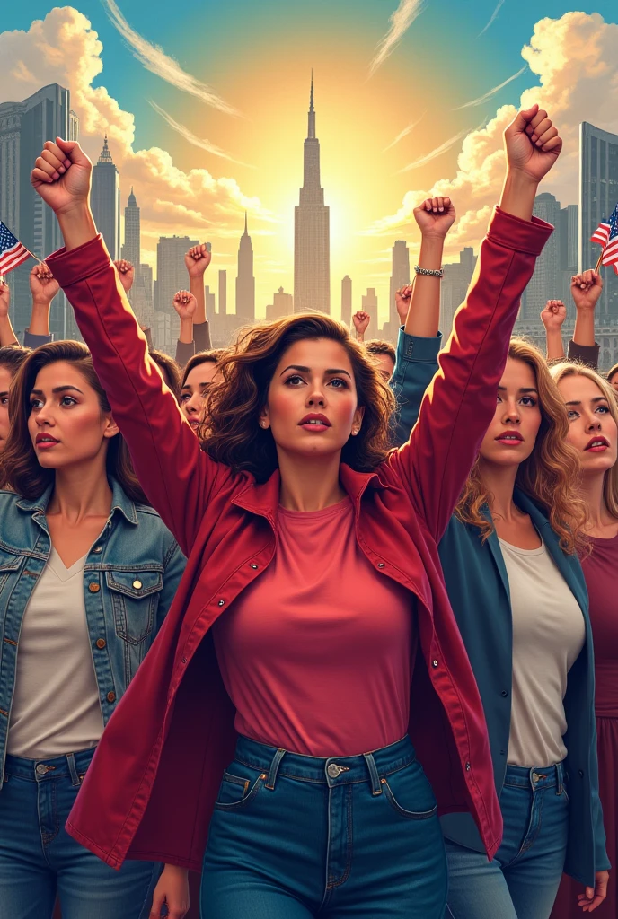High quality, 1990s sci-fi movie poster, titled “Madam President” in bold large Yellow text on top, the tagline in smaller text “Saving the Union, One State at a Time.” In the center is ((Cecily Strong)), glowing red eyes, dramatic pose, chin up, looking down, thick body, arms crossed, broad shoulders, wide hips, long straight hair, thick thighs, formal suit, (plunging neckline), hands grasping her open shirt, behind her are five varying size headshots of other diverse ethnicity actors staggered against each other. The background is the White House on fire and DC in turmoil.