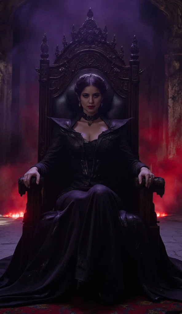 A high quality 1960s fantasy movie still, with heavy film grain. (full body photo). Soft, dramatic lighting.  A seductive evil ((45 year old)) (Jewish woman), straight hair, queen, revealing outfit, large chest, ((plunging neckline)), wearing small ruby tiara, Large nose, wide chin, with broad shoulders, (thick body), wide hips, tan skin, long flowing open cape. Set in open fantasy (throne room), with a view to outside, beautiful masonry of an ancient elven castle. Soft warm candlelight. 