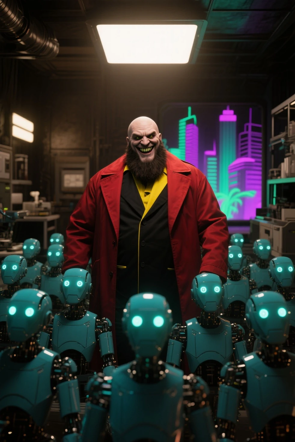 fat scientist with an evil smile,red and black coat,Yellow Accent,Big Beard,Bald Head,standing in a dark lab and following an army of robots,eyes are shining,SF wind,sense of villain,detailed depiction super realistic composition, surreal style in Las Vegas,brown、Turquoise、green、Purple, Surreal Scene,Surreal Photography,surreal 3 d render,surrealist conceptual art, dreamy art ,Surreal Photography graphy, surrealist photography ,ultra high definition,very detailed from below si,wide angle shot,proximity method ,Strange 80s Style Synthwave,Synthwave City, Miami Synthwave ,synthwave art style from 2009 SF8K film ,cyberpunk atmosphere,spectacular retro wave art,