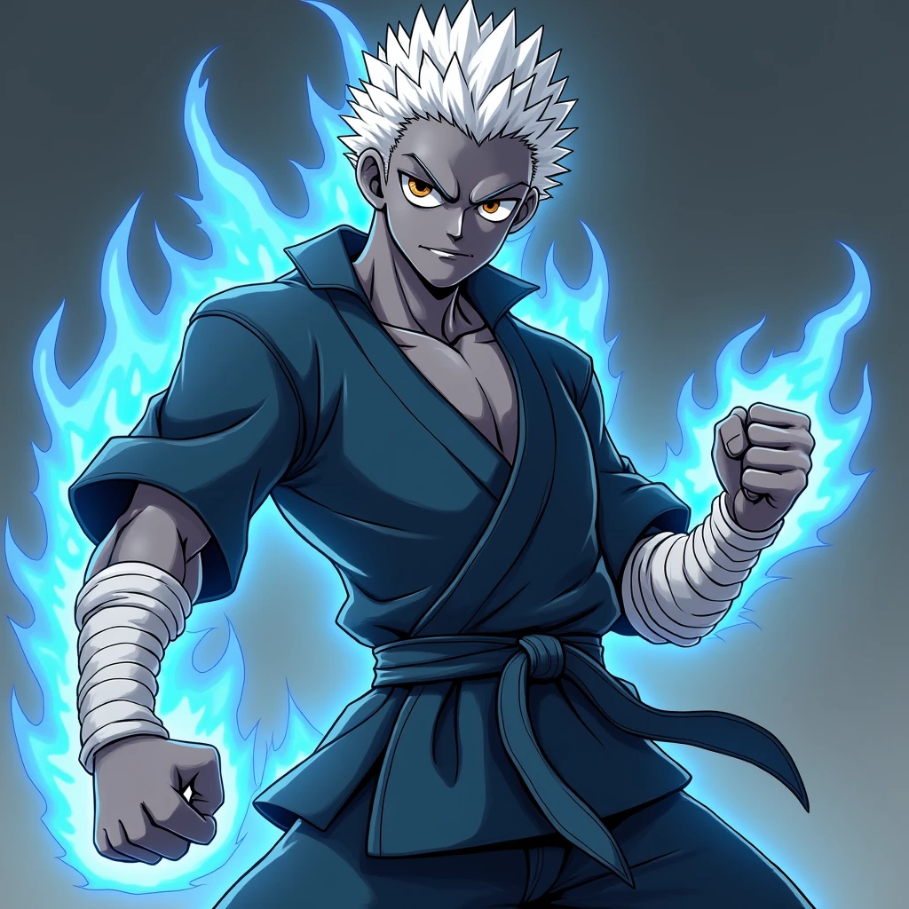 a powerful warrior character, in a anime style, with spiky white hair and glowing eyes. The character should have a muscular, bare-chested upper body, wearing loose, tattered black pants held up by a red sash around the waist. Surround the warrior with a dark, purplish-red energy aura that swirls chaotically around their hands and feet, giving a sense of fiery, dangerous power. The character's expression should be fierce and intense, conveying readiness for battle and an overwhelming sense of strength.