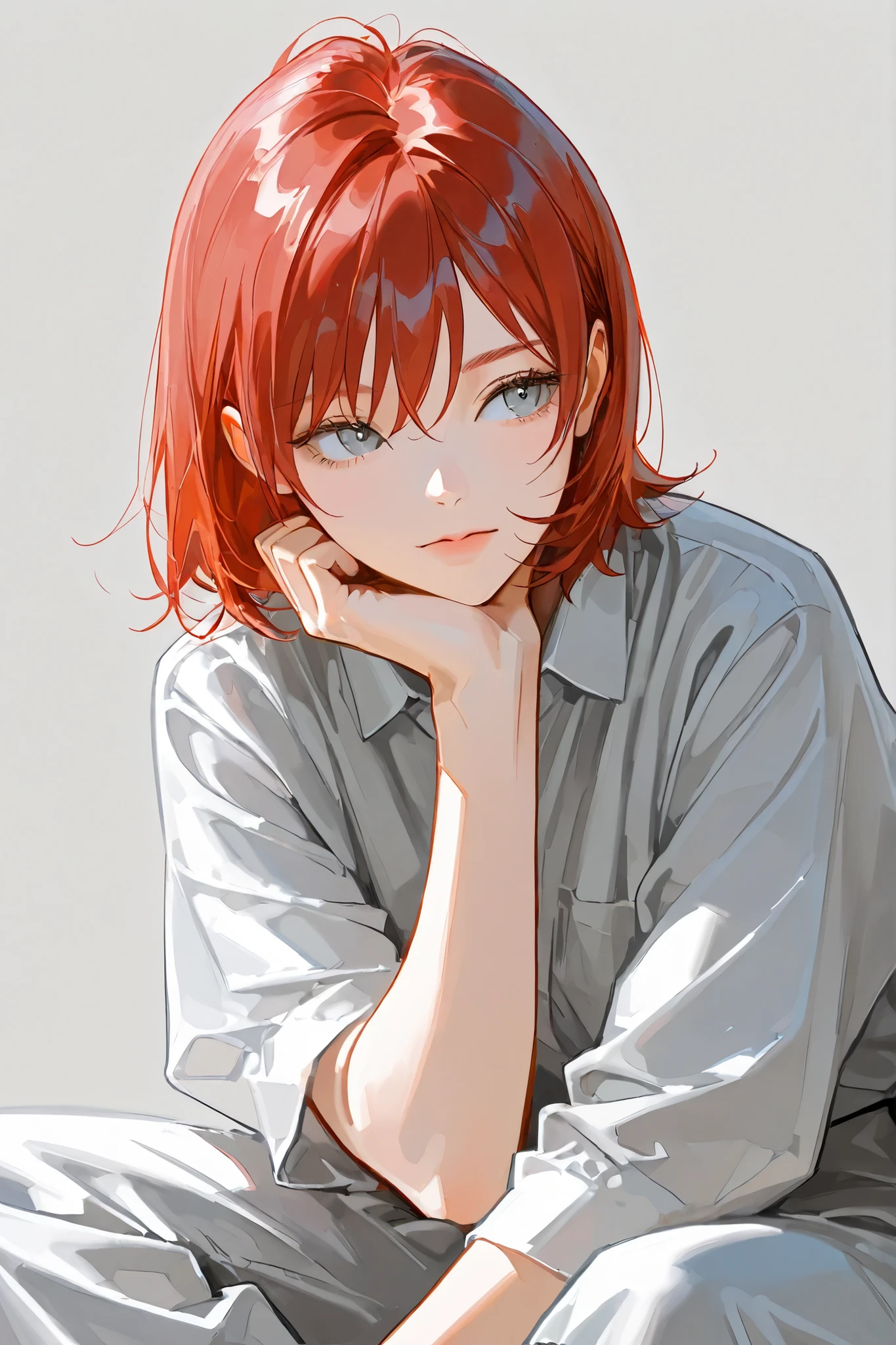 4k , 8k , (only 1 female red hair with grey eyes) , short hair style , adults , 25 years old , ((no one in background)) , Facing straight , sitting pose , hand at chin, solo, alone, pretty