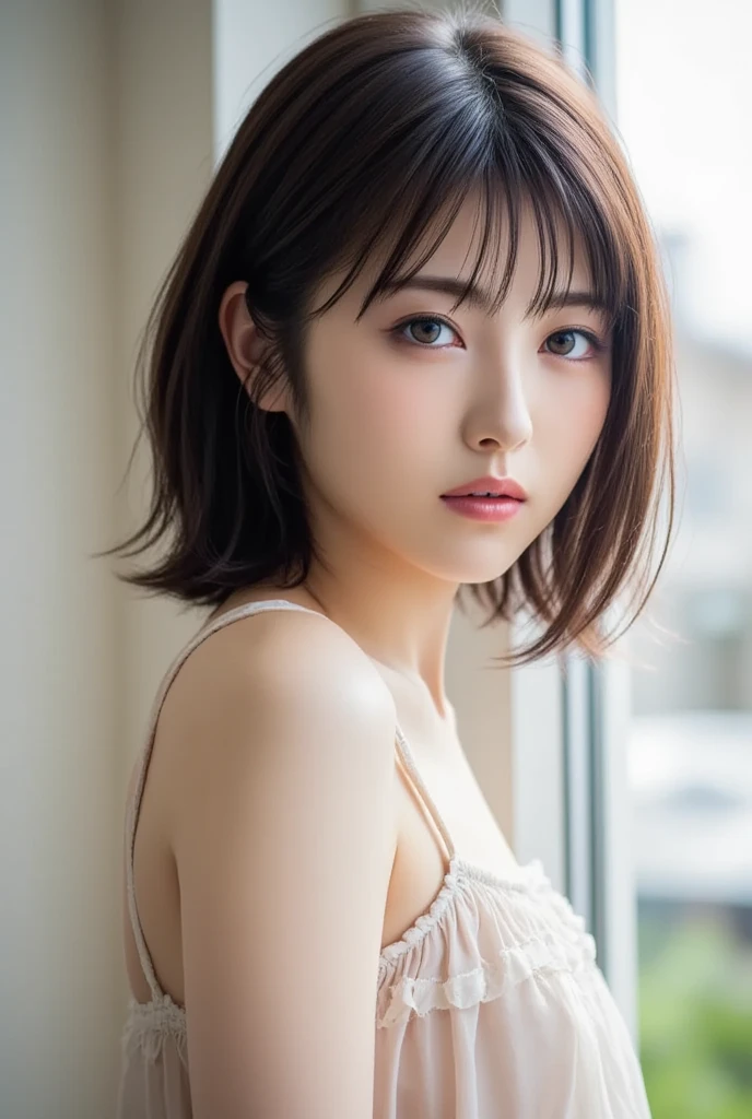 (8k, RAW photo, best quality, masterpiece:1.2), (realistic, photo-realistic:1.4), (extremely detailed 8k wallpaper), famous Japanese idol, 20yo girl, korean model, slender face, detailed face, perfect female body, toned, medium short hair, messy hair, Blunt Bangs, light brown hair, Camisole, (smug:1.2),