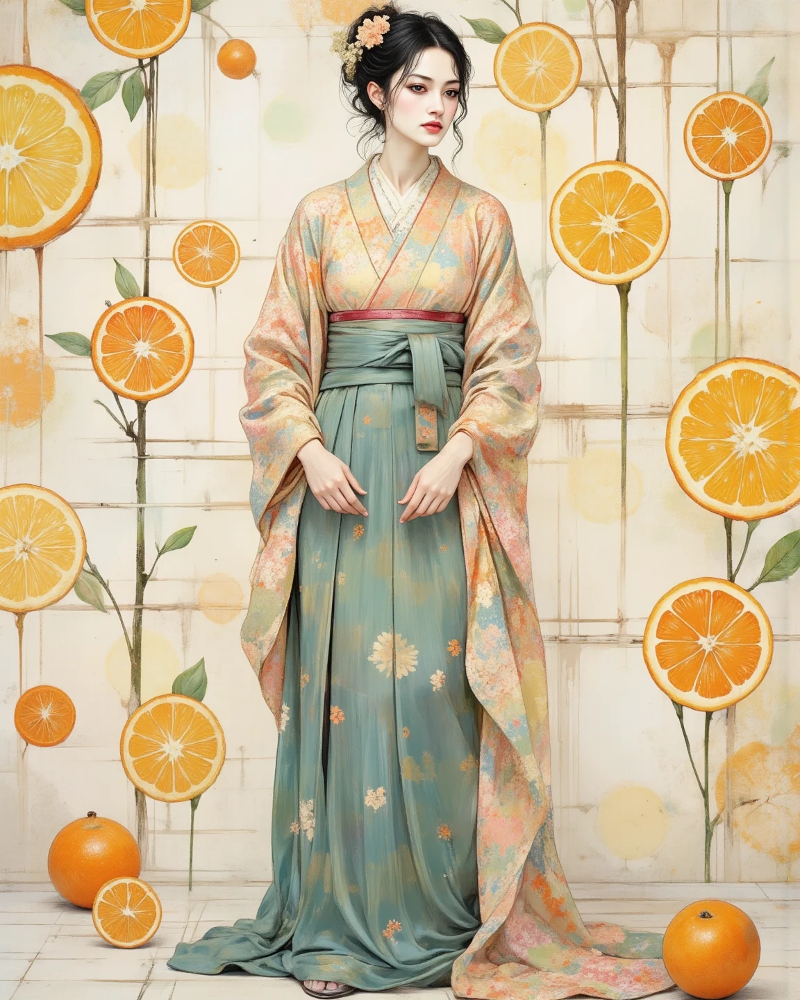 Standing woman wearing a delicate, realistic textured hakama、Arranged with orange slices in the background、High Resolution Realistic Illustrations、 delicate details without lighting、Soft Natural Light、Natural and sophisticated hues、Beautiful composition、PROFESSIONAL TOUCH、Highest Quality、masterpiece、