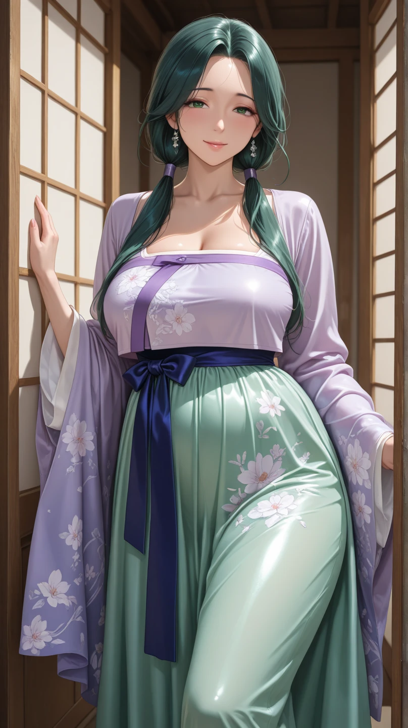 woman, white kimono top, bright green pleated skirt, crimson hairs, high ponytail, sultry blue eyes, seductive smile, huge chest, cleavage, japanese house hallway in background