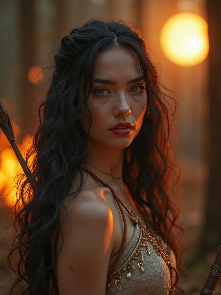ultra detailed artistic photography, Native American beautiful Apache female, tee pee, moonlight, fire pit, feathers, sexy, dreamy, glowing, backlit, shadows, oil on canvas, smooth, ultra high definition, 8k, ultra sharp focus, intricate artwork masterpiece, flowy outfit, highly detailed, vibrant, production cinematic character render, ultra high quality model