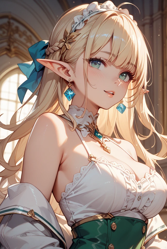 Photograph of the upper body of a beautiful woman, (nomal breasts, perfect body), Sharp focus, (proportional body , mature woman), ((Looking ahead)), (Highly detailed skin, hair follicles:1.4,),
( long hairstyles) blond hair, green eyes, angels , elf ears, fantasy (wear white cape), (white cloth), warriors , elegant, luxury, long skirts
wear accessories , wear crowns ,