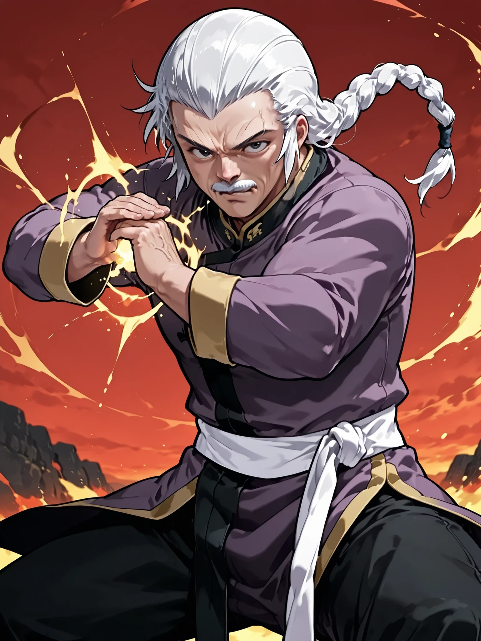 score_9, score_8_up, score_7_up, masterpiece, source_anime, 1old man, Facial wrinkles ,white moustache,Three-braided ponytail, slicked-back hair,
muscular,kung fu master,
purple kung fu clothe,long sleeve,Black kung fu pants,white obi,fighting stance,in a dynamic motion,(background is sunset beach,red sky),(realistic:1.3),serious face, stern look, (Shadow on face),(spell magic,the fist with flame aura),(sunset)