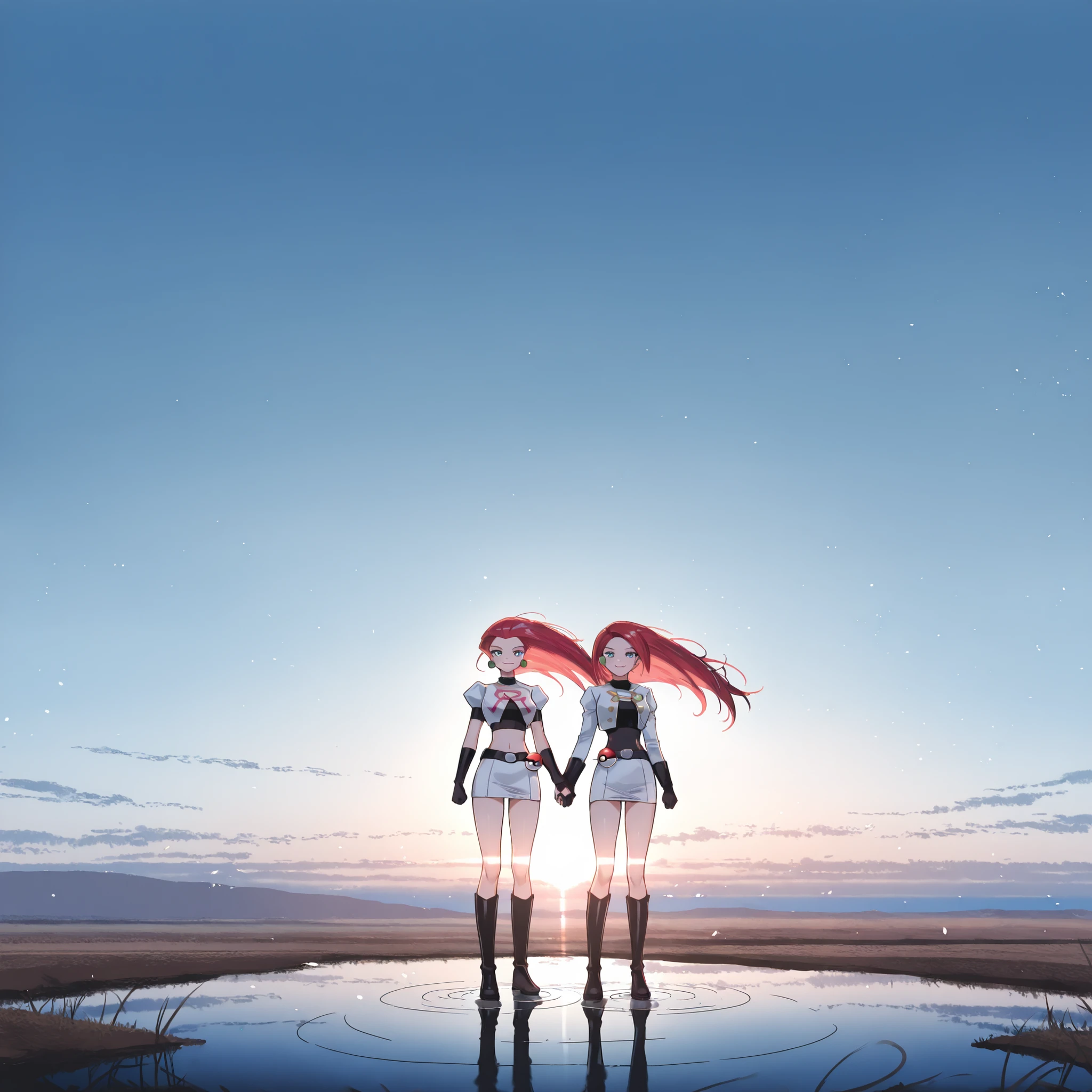 masterpiece,best quality,amazing quality,Charming,Please draw Jessie in detail using upscale。The background is just the sky and horizon of an infinite digital world.、Light particles and electronic ripples are the only decoration。Jessie with long red hair, white top with R written on it, white short skirt and above-the-knee black leather boots, smiling, holding a Pokeball, outdoors in the afternoon, natural lighting, in close up in a highly detailed anime style.、Her presence stands out in this empty landscape.scenery, wild, wind, cinematic, dynamic,photorealisim、top-quality、 high resolutio、Extraordinary beautiful girl、(pureerosface_v1:0)。