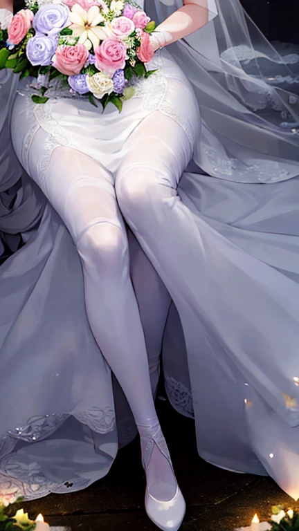 A woman in a white wedding dress poses for a photo, Angela White, thicc, White lace trim, 2263539546],White color hair， dressed in a beautiful white, 8K)), Wear a wedding dress loli，White color hair ，sakimichan, Anime comic style，white wedding gown, white stockings，，a white long skirt，Gauze skirt，Light skirt，Slim legs，Full body like，sexyposture，Seduction pose，vacuum，ssee-through，Get wet all over your body，Covered with mucus，spread their legs，Pure white wedding dress，Gorgeous wedding dress，Sexy wedding dress，