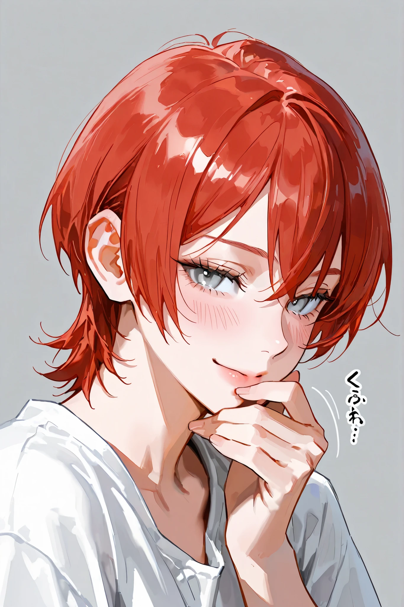 4k , 8k , (only 1 female red hair with grey eyes) , short hair style , adults , 25 years old , ((no one in background)) , teasing, sound effect, blush, solo, alone, pretty