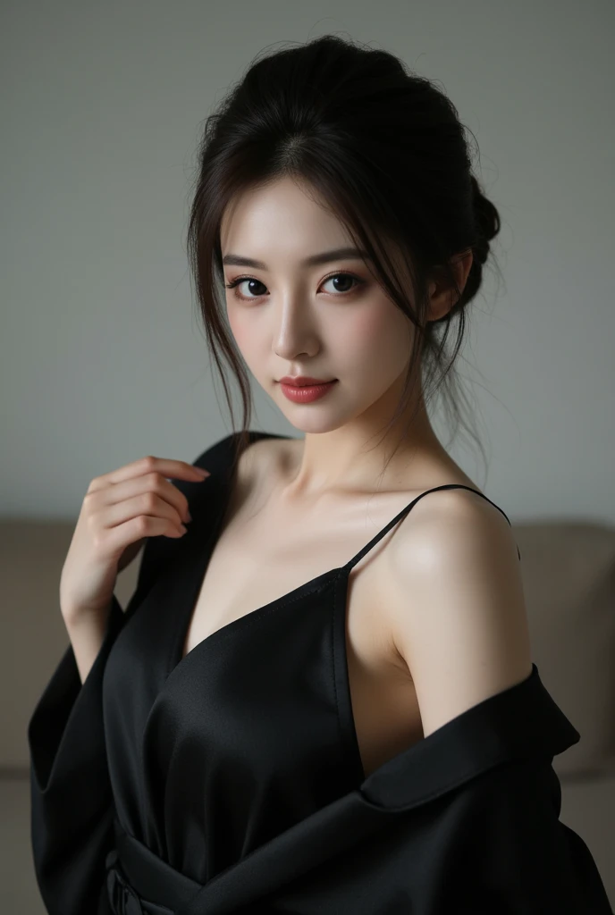 (NSFW1.5), (A hyper-realistic), (hight resolution), (4K), (ighly detailed), (The best illustrations), (beautifully detailed eyes), (top-quality), (ultra-detailliert), (masterpiece), (wall-paper), (详细的脸), 独奏, girl with, looking at viewert, fine detailed, A detailed face, murky, deep-shadows, Unobtrusive, pureerosfaceace_v1, a smile, bust, Black lace, Transparent underwear, Mesuji, is standing, high-heels、a necklace、耳Nipple Ring、half shoulder、Wearing white maid clothes、 unwear、Erect nipples、Exposed cleavage