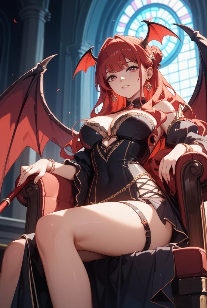 Sitting on throne, dominant female, adul female, (((big boobs))), (((big ass))), (looking down into camera, photo from below 0.8), crossed legs, topless, ((masterpiece)),(detailed skin), (red eyes), (red hair), (really small horns), ((dominant smile)), slightly visible abdomine