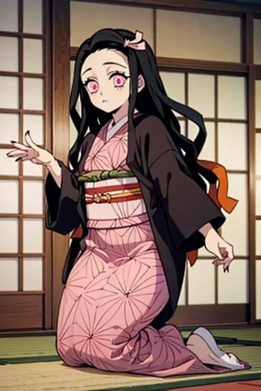 kamado nezuko, kimetsu no yaiba style, 1girl, black hair, forehead,full body, hair ribbon, japanese clothes, kimono, long hair, multicolored hair, pink eyes, pink kimono, pink ribbon, ribbon, very long hair, gagged, bit gag, ((masterpiece)) ((Full body))