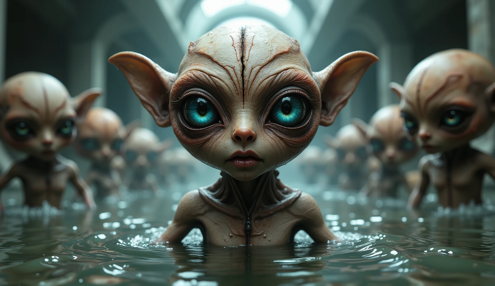 "(((Captivating))) (((eye-catching))) (((viral))) cinematic unique shot on an (((alien baby))) with colored skin. The alien baby must not human like. the baby must be like avatar style. is (((solo))), with pointy ears, red skin, and colored reddish hair. It's partially submerged in water, looking directly at the viewer with (((green eyes))) and (((blue eyes))). The setting is reminiscent of the Avatar series, providing a realistic and immersive experience. The shot should capture the magical essence of this extraordinary scene. The camera lens is a (((medium telephoto))) lens, providing just the right amount of focus and detail."
