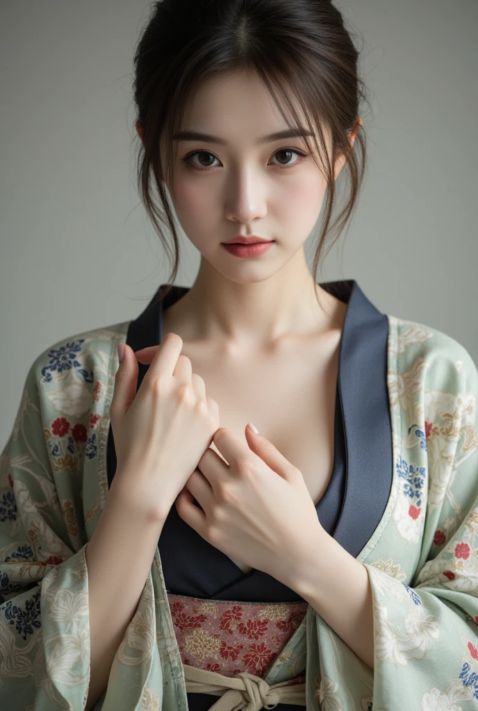 (Photorealsitic:1.4), (Top image quality:1.0), (超A high resolution:1.0), 8K, Raw photography, (masterpiece:0.2), (pureerosface_v1:0.5)、(Best Quality Detail:1.2)、realisitic、8K UHD、hight resolution、(1girl in:1.2)、The ultra-detailliert、High quality textures、intricate detailes、detaileds、Very detailed CG、High quality shadows、Detail Beautiful delicate face、Detail Beautiful delicate eyes、depth of fields、Ray traching,1girl in, japanaese girl, Cute, slender, Black kimono, Kimono with Japanese pattern,Floral scrunchie, Beautiful skin, Facing the front,Sit down, Sit upright and say thank you,Align your hands elegantly,Smile faintly The Land of Japan,Japanese garden,Luxury Japanese-style room, skyporn, Magic Hour, (Realistic:1.3), Finely detailed, quality, (masutepiece:1.2), (Photorealistic:1.2), (Best Quality), (Intricate details), Dramatic, Ray tracing, photograph, +Lola