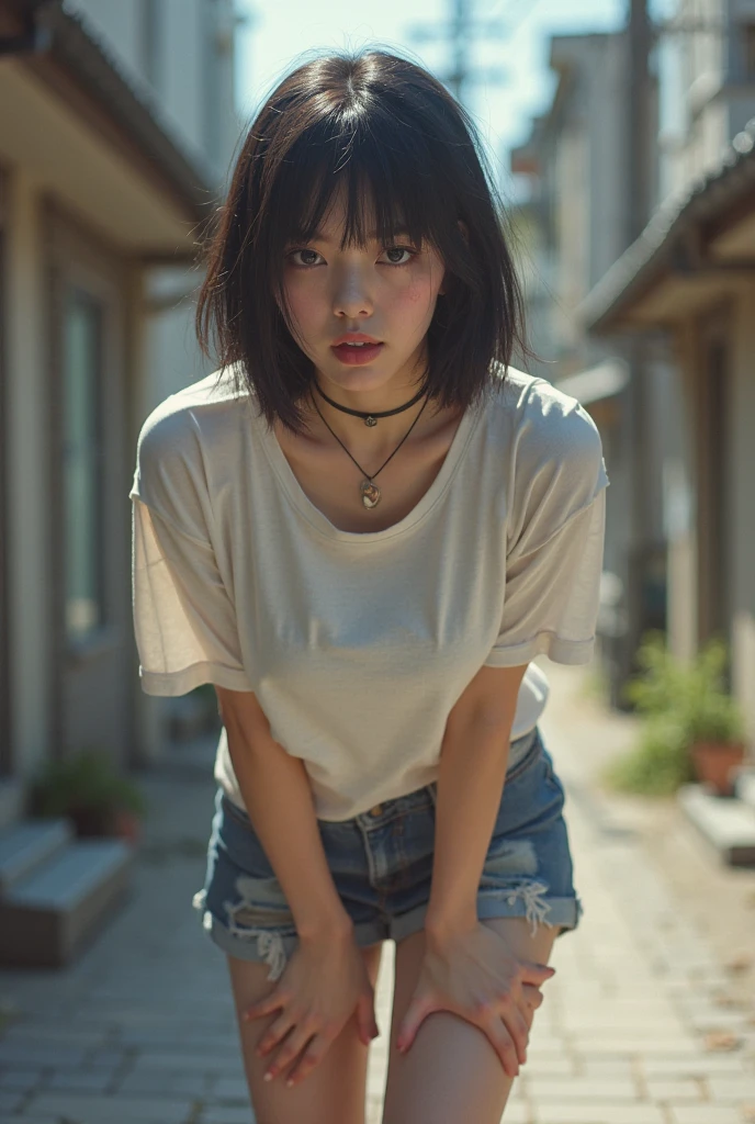 (Ultra-realistic,32k, masterpiece:1.2),(Skin with attention to detail:1.1),( 8K Ultra HD, Digital SLR, high quality:1.1),
 One Girl, Black Hair, Messy Hair,Shorts, White shirt, Lock, choker,Crouched in the back alley、Dead Eyes、Thighs、Dirty clothes　Dirty Skin、Flat Chest、Lock骨