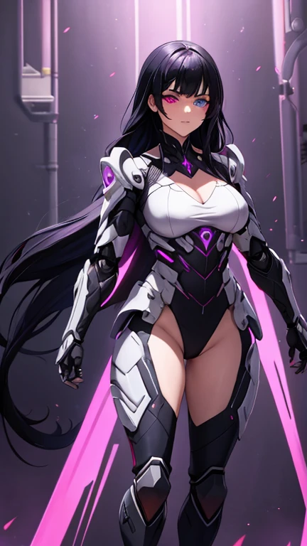 The most beautiful and sexy cyberpunk girl, purple hair, yellow eyes, dark skin, wearing highly detailed futuristic battle armor, futuristic mechanical angel wings, glowing neon halo, tons of tattoos and piercings, cherry blossoms blowing in the wind, highly detailed background, perfect masterpiece, high quality, high resolution