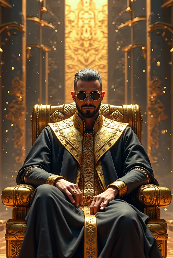 Handsome man, white skin, slim, with golden pants and a golden suit on a golden chair with a baton of command, shirtless, crossing his legs, golden boots, sitting on a king's chair with a crown and around him there are displays of objects from some ancient Egyptian museum.