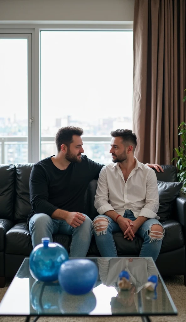 crea immagine: un uomo alto proporzionato di 35 anni leggermente brizzolato con barba folta ben curata e viso mascolino, indossando occhiali, una camicia blu scuro, pantaloni neri e ai piedi solo calzini neri. La persona si trova in un ambiente interno, apparentemente un piccolo studio di avvocati. The environment appears to be artificially lit. his increased stature is evident compared to the furniture in the room (sedia). He is hugging a man 21 years younger than him